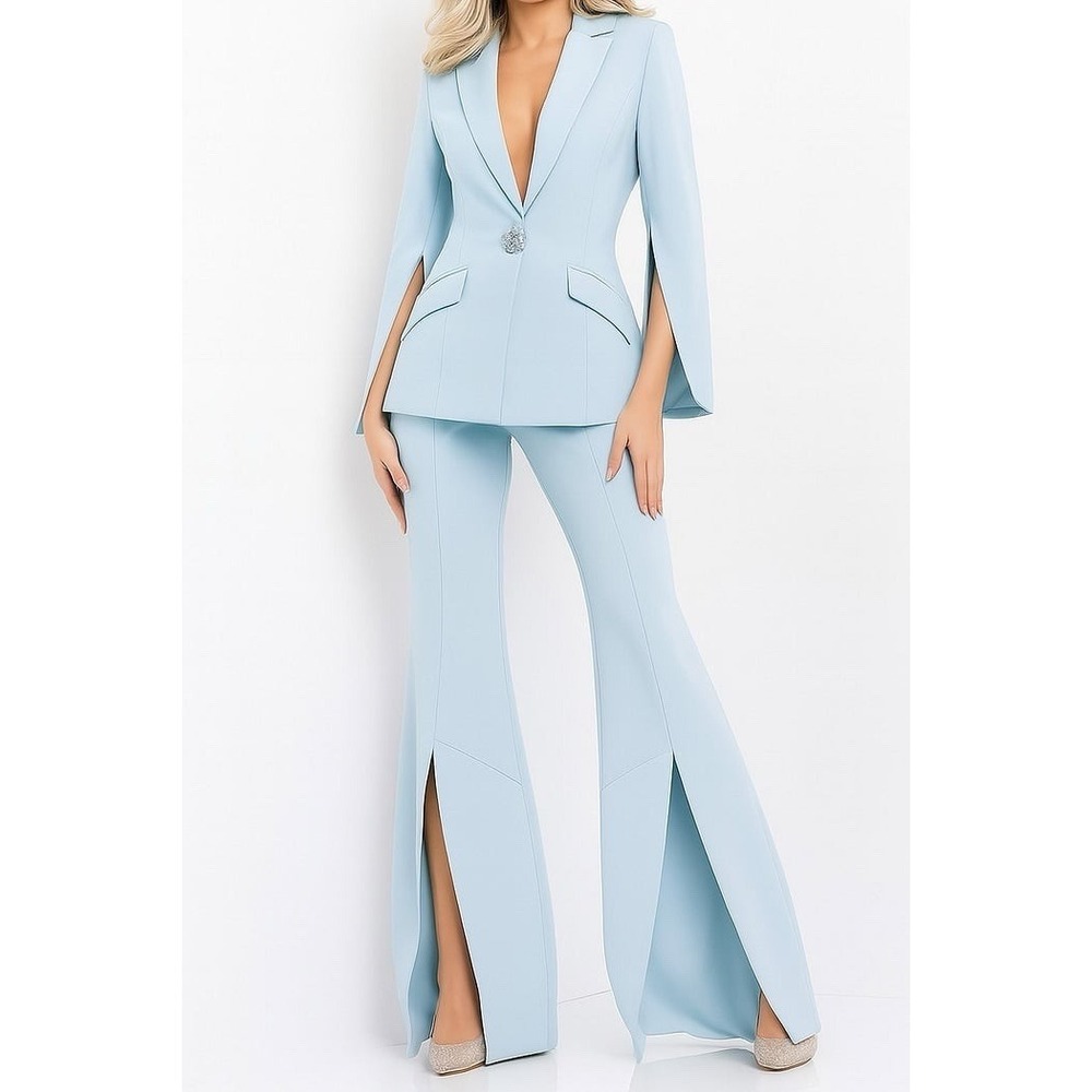 Jovani Women Sz 12 Baby Blue Rhinestone Pearl Brooch Blazer Flare Pant Suit Set